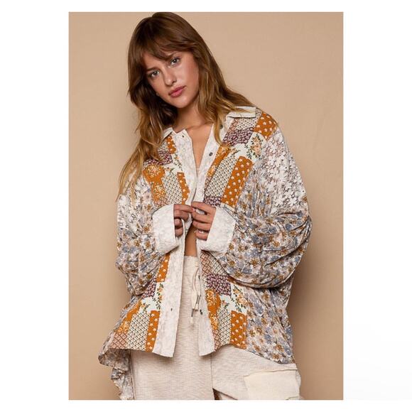 POL Toffee Floral and Lace Patchwork Button Down Shirt M - Picture 9 of 10